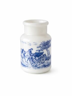 Vintage Milk Glass Bud Vase Blue Transferware Scene Made in Belgium Mini Vase​